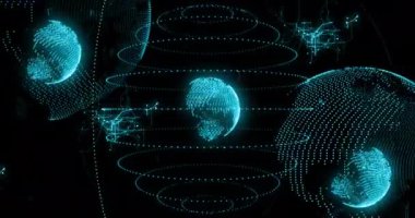 Dönen dünya üzerindeki bağlantı ağının animasyonu. Küresel bağlantılar, dijital dünya ve dijital arayüz konsepti dijital olarak oluşturulmuş video.