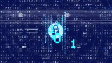 Mavi arkaplanda veri işleme ve asma kilit simgesi animasyonu. Küresel iş, bilgisayar ve dijital arayüz kavramı dijital olarak oluşturulmuş video.