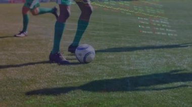 Çeşitli erkek futbol oyuncularının antrenmanlarının bacaklarının üzerinde grafikler ve finansal verilerin animasyonu. Spor, futbol, finans ve ekonomi konsepti dijital olarak oluşturulmuş video. 