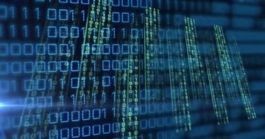 Siyah arkaplan üzerinde veri işleme animasyonu. Küresel iş, bilgisayar ve dijital arayüz kavramı dijital olarak oluşturulmuş video.