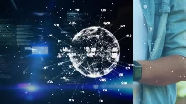 Animation Globe Connections Data Processing Caucasian Man Using Smartphone Global — Wideo stockowe