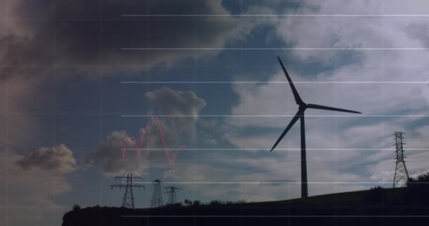 Animatie Van Grafieken Gegevensverwerking Windturbine Wolken Wereldwijde Zakelijke Verbindingen Gegevensverwerkingsconcept — Stockvideo