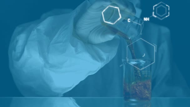 Animation Chemical Formulas Hands Male Lab Worker Pouring Liquid Lab — Vídeo de stock