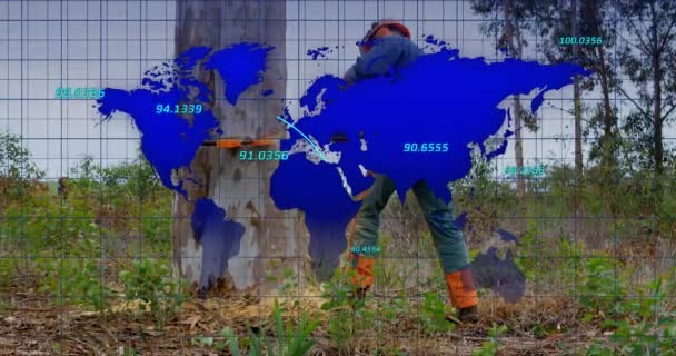Animation World Map Lumberjack Global Connections Data Processing Digital Interface — Stock Video