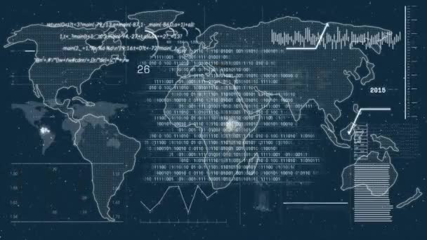 Animation Data Processing World Map Black Background Global Business Computing — Stockvideo