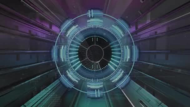 Animace Snímání Dalekohledu Neonovým Tunelem Global Business Computing Digital Interface — Stock video