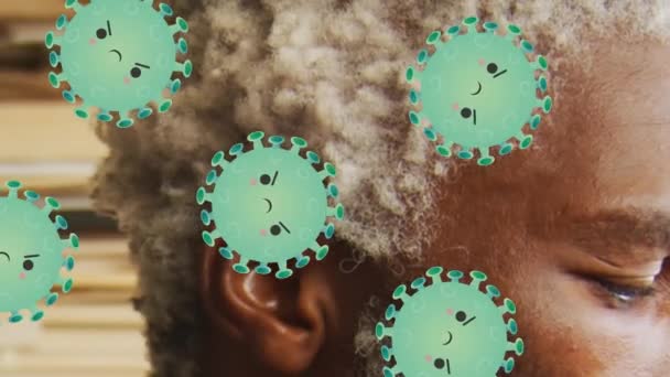 Vírussejtek Animációja Afro Amerikai Ember Felett Globális Kovid Világjárvány Koncepció — Stock videók