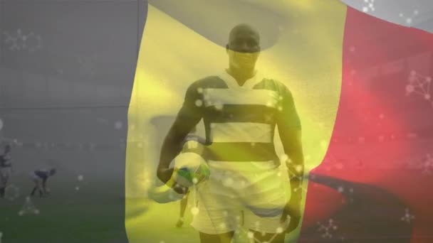 Animation Waving Belgium Flag Rugby Players Global Sports Digital Interface — Stok video