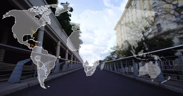 Animation World Map Processing Data Pedestrians Crossing Bridge City Global — Vídeo de stock