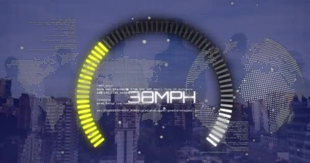 Animation Speedometer World Map Globe Peoples Silhouette Cityscape Global Energy — Vídeos de Stock
