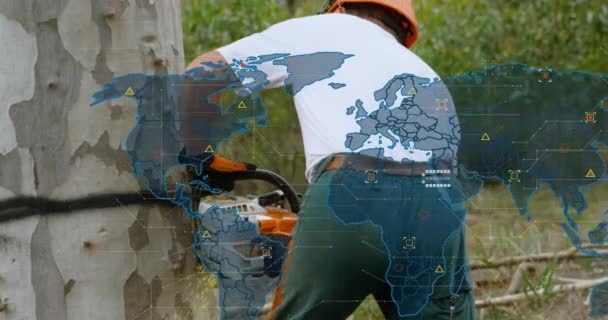 Animation World Map Lumberjack Global Connections Data Processing Digital Interface — Vídeo de stock