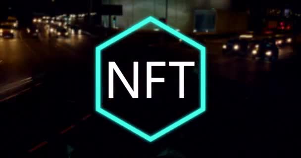 Animatie Van Nft Logo Snel Verkeer Straat Nachts Global Business — Stockvideo