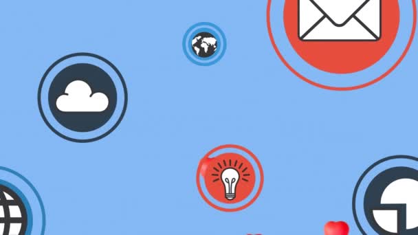 Animation Cloud Lightbulb Heart Icons Blue Background Global Communication Social — Stok Video