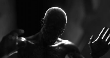 Karanlık tüneldeki canavar gibi sersemlemiş bir insan görüntüsü. Korku, korku, resim oyunları ve dijital olarak üretilen bilim kurgu konsepti.