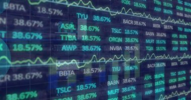 Grafikler ve grafikler üzerinden finansal veri işleme resmi. Küresel iletişim, iş, veri ve dijital arayüz kavramı dijital olarak oluşturulmuş görüntü.