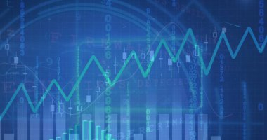 Mavi arkaplan üzerinde mavi grafiklerin ve veri işlemenin resmi. İş, küresel iletişim ve dijital arayüz kavramı dijital olarak oluşturulmuş görüntü.