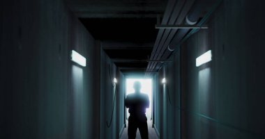 Image of man silhouette standing in dark corridor. Horror, fright, halloween and computer games concept digitally generated image.