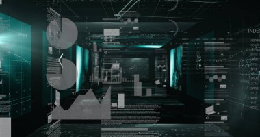 Ekranlardaki istatistik ve veri işleme resimleri. küresel veri işleme ve dijital arayüz konsepti dijital olarak oluşturulmuş resim.