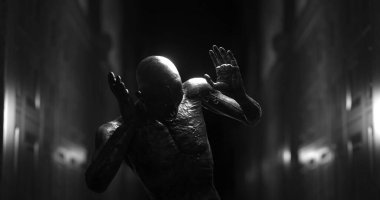 Karanlık tüneldeki canavar gibi sersemlemiş bir insan görüntüsü. Korku, korku, resim oyunları ve dijital olarak üretilen bilim kurgu konsepti.