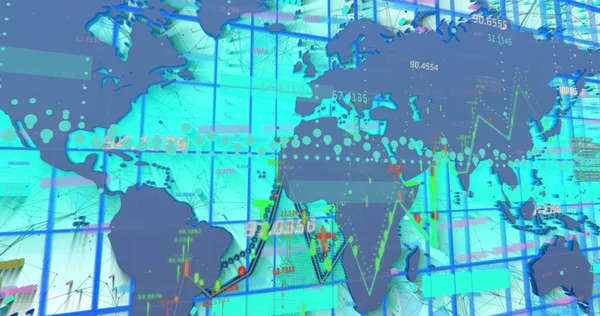 Imagem Gráfico Processamento Dados Sobre Mapa Mundo Fundo Azul Conceito — Fotografia de Stock