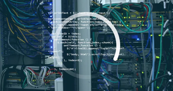 Image of loading ring over data processing and server room. global business, data processing, connections and digital interface concept digitally generated image.