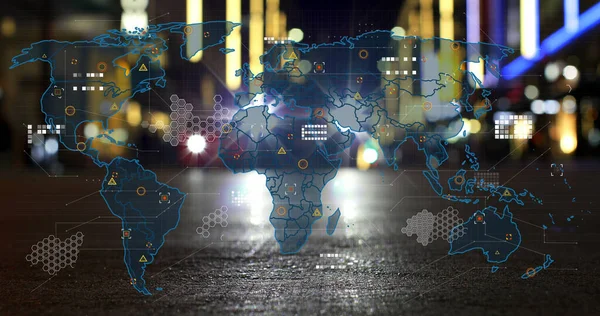 Image of world map with data processing over pedestrians on city street at night. Global communication, travel and digital interface concept digitally generated image.