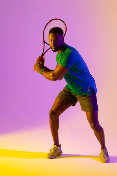 Vertical Image African American Male Tennis Player Violet Yellow Neon — Stockfoto