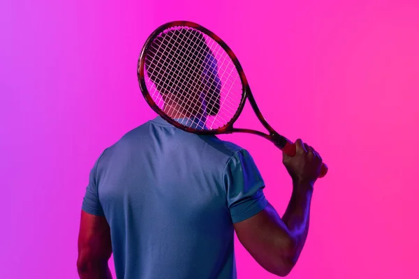 Image Back View African American Male Tennis Player Violet Pink — Stok fotoğraf