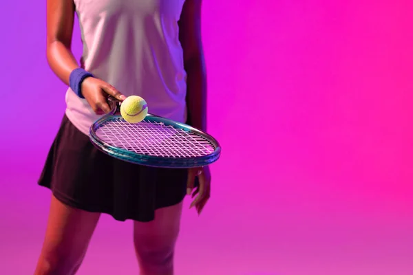 Image Midsection African American Female Tennis Player Violet Pink Neon — Zdjęcie stockowe