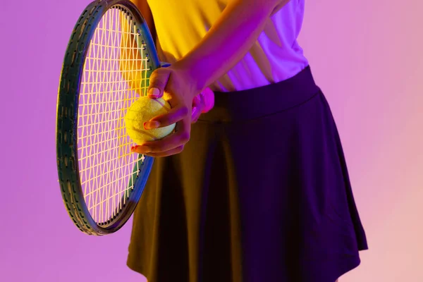 Image Midsection African American Female Tennis Player Racket Neon Violet — Stok fotoğraf