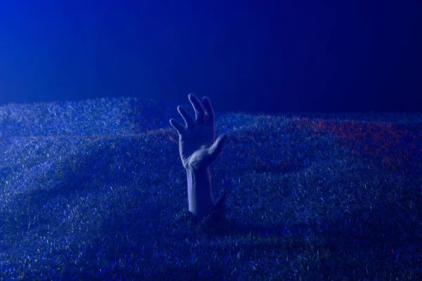 Composition Hand Raising Grass Blue Light Black Background Halloween Tradition — Photo