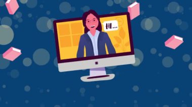 Okula dönüş animasyonu ve mavi arka planda öğretmenlik. Okul, eğitim ve teknoloji konseptiyle dijital olarak üretilen video.