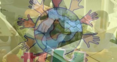 Animation of colourful puzzle and globe over diverse schoolchildren. Autism awareness month and celebration concept digitally generated video.