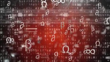 Animation of math symbols and binary code on red background. Global math, science and education concept digitally generated video.