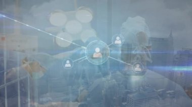 Animation of caucasian female surgeon over data processing. Global medicine and digital interface concept digitally generated video.