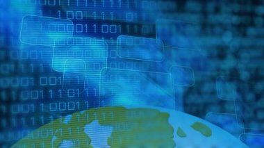 Dünya üzerindeki şekillerin animasyonu ve veri işleme. Küresel iş ve dijital arayüz kavramı dijital olarak oluşturulmuş video.