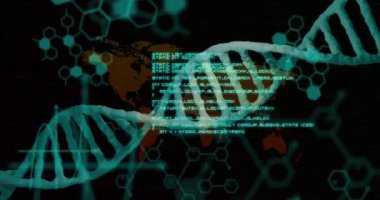 Dünya haritasında DNA ipliği ile veri işleme animasyonu. Küresel teknoloji, bilgisayar ve dijital arayüz kavramı dijital olarak oluşturulmuş video.