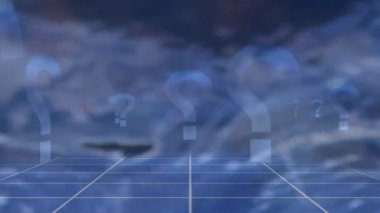 Veri işleme ve su üzerindeki soru işaretlerinin animasyonu. Küresel iş ve dijital arayüz kavramı dijital olarak oluşturulmuş video.