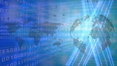Animation of data processing with world map and globe over light trails on blue background. Global technology and digital interface concept digitally generated video.