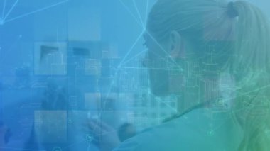 Animation of data processing over caucasian female doctor. Global business and digital interface concept digitally generated video.
