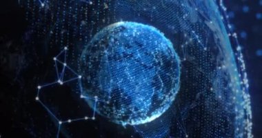 Siyah arkaplanda hareket eden şekillerin ve kürenin animasyonu. Küresel iş ve dijital arayüz kavramı dijital olarak oluşturulmuş video.