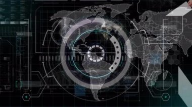Animation of scope scanning and world map over data processing on black background. Global technology and digital interface concept digitally generated video.