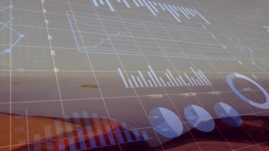 Deniz manzarası üzerinde veri işleme animasyonu. Küresel iş, finans, dijital arayüz ve bağlantılar konsepti dijital olarak oluşturulmuş video.