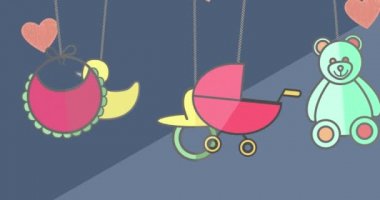 Animation of teddy bear, carriage and baby items over blue background with hearts. Family and adoption concept digitally generated video.