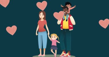 Animation of diverse parents and children over green background with hearts. Family and adoption concept digitally generated video.
