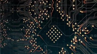 Karanlık arka planda işlemci soketi animasyonu. Dijital olarak oluşturulmuş küresel bağlantılar, veri işleme ve dijital arayüz kavramı.