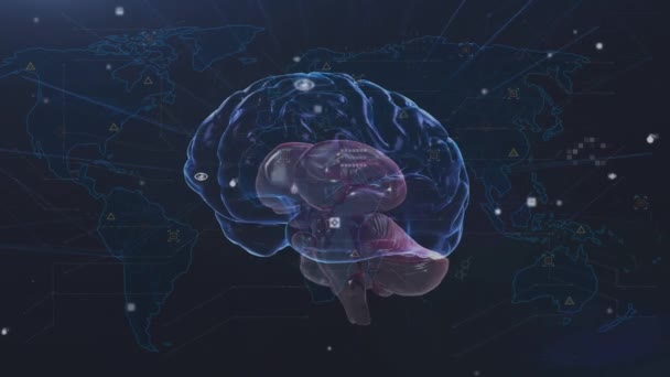 Animacja Mózgu Mapie Świata Ikony Czarnym Tle Biologia Człowieka Umysł — Wideo stockowe