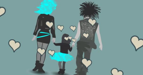 Animation Back View Punk Couple Daughter Green Background Hearts Family — Stock video