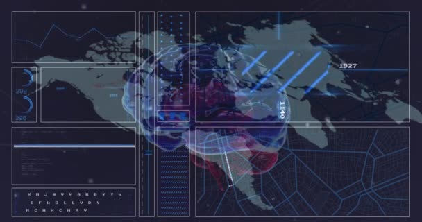 Animação Processamento Dados Cérebro Digital Sobre Mapa Mundo Conceito Global — Vídeo de Stock