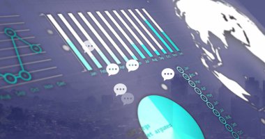 Şehir manzarası üzerinde veri işleme resmi. küresel iş ve dijital arayüz kavramı dijital olarak oluşturulmuş görüntü.